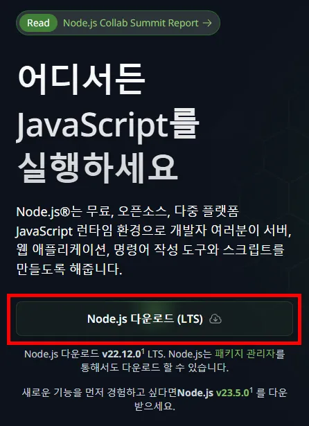사이트 좌측 하단에 LTS 다운로드 버튼
